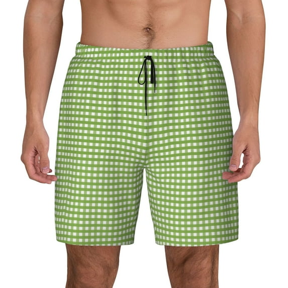 Gaeub Green Gingham Mens Swim Trunks Stretch Beach Shorts Quick Dry for Men Swim Shorts Swimwear with Pockets- Large