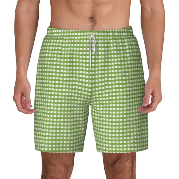 Gaeub Green Gingham Mens Swim Trunks Stretch Beach Shorts Quick Dry for Men Swim Shorts Swimwear with Pockets- Medium