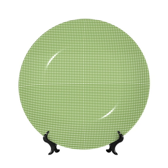Gaeub Green Gingham Print Ceramic Plate,Dinner Plates,Bone China Decorative Plates with Display Stand,Art Ceramic Ornaments for Wall Hanging Decoration-8in