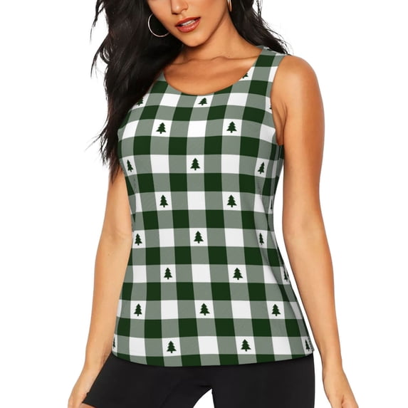 Gaeub Green White Christmas Tree Lumberjack Plaid Women's Workout Tank Tops Lightweight Sleeveless Shirts for Women for Athletic Running Tennis Yoga - Small