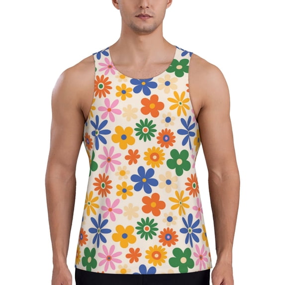 Gaeub Groovy Daisy Flowers Men's Athletic Tank Top, Workout Sleeveless Shirts, Running Tank Tops for Gym, Running, Training - 3X-Large