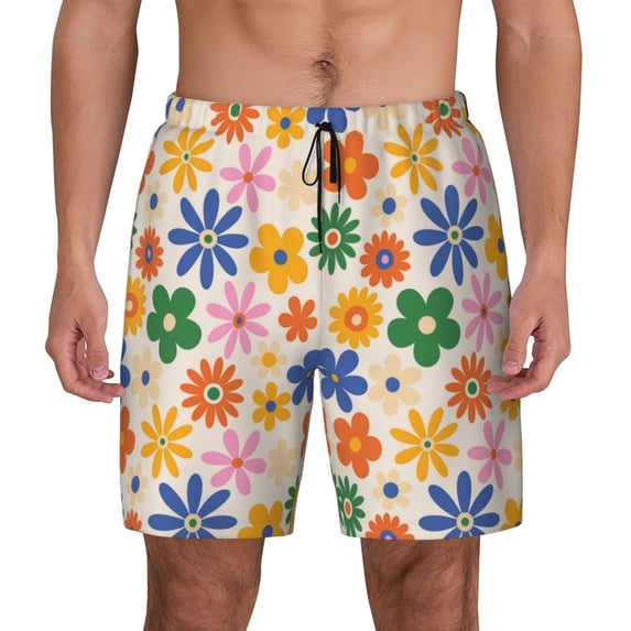 Gaeub Groovy Daisy Flowers Mens Swim Trunks Stretch Beach Shorts Quick Dry for Men Swim Shorts Swimwear with Pockets- Large