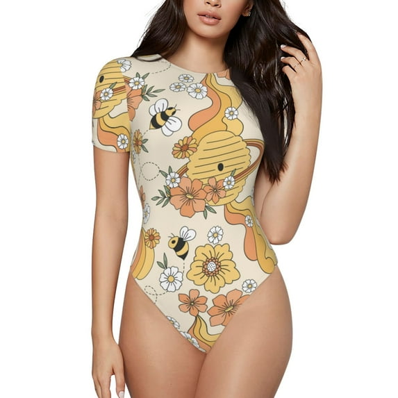 Gaeub Groovy Floral Women'S Short Sleeve One Piece Swimsuit Sexy High-Waisted Bodysuit For Swimming, Beach, Sports - X-Large