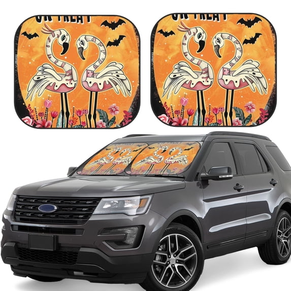 Gaeub Halloween Flamingos Print 2-Piece Windshield Sun Shade,Foldable Car Front Window Sunshade,for Most Cars SUV Truck,Heat Blocker Visor Protector-Medium