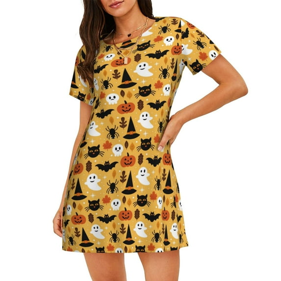 Gaeub Halloween Ghost Pumpkin Print Women's Short-Sleeved Nightdress,Loose Comfy Pajama Sleepwear,Summer Night-dresses for Women