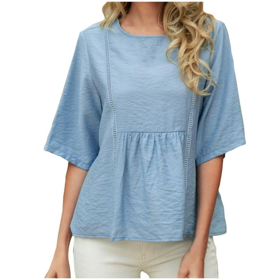 Womens Summer Cotton Linen Tunic Tops Crewneck Half Sleeve Shirt Loose Fit T Shirts Solid Oversized Basic Tee Blouse Lounge Flowy Tunic Blouses Fltter Hem Holiday Beach Party Tee Outfits