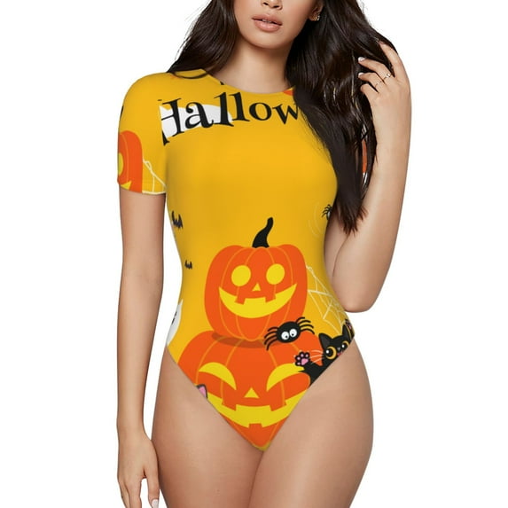 Gaeub Happy Halloween1 Print Women's Short Sleeve One Piece Swimsuit Sexy High-Waisted Bodysuit Bathing Suit for Swimming, Beach, Sports-Small