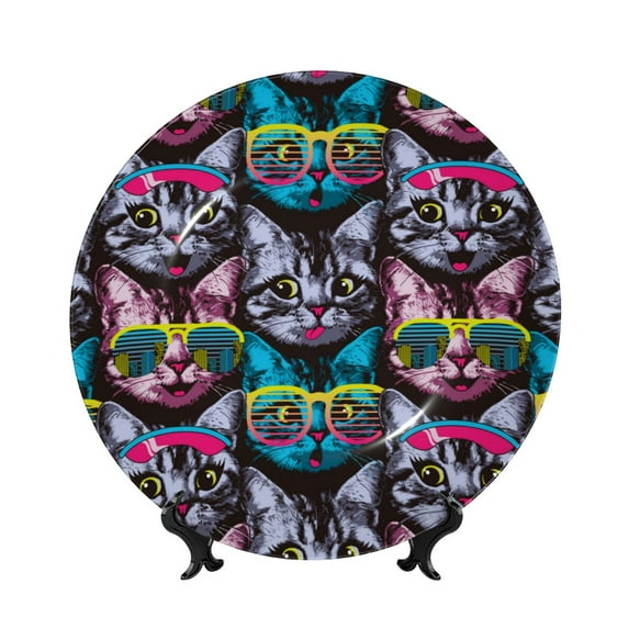 Gaeub Happy Kitten Faces Print Ceramic Plate,Dinner Plates,Bone China Decorative Plates with Display Stand,Art Ceramic Ornaments for Wall Hanging Decoration-10in
