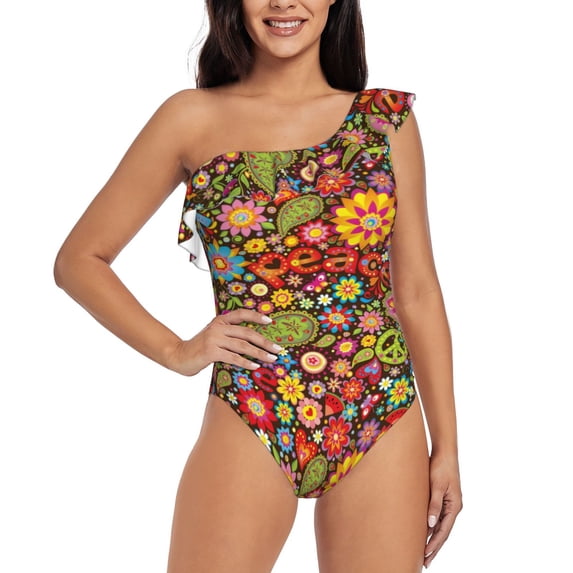 Gaeub Hippie Peace Love Women's One Shoulder Ruffle Tummy Control Swimwear for Swimming Surfing Beach Party - XX-Large
