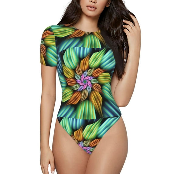 Gaeub Hippie Style Women'S Short Sleeve One Piece Swimsuit Sexy High-Waisted Bodysuit For Swimming, Beach, Sports - Small