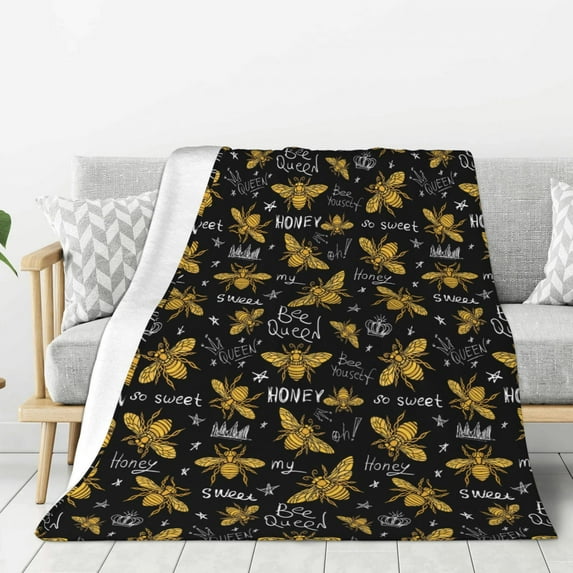 Gaeub Hohey Bee Golden Embroidery Print Flannel Throw Blanket, Home Fleece Throw Blanket for Couch or Bed,Decorative Blankets,Lightweight Fuzzy Flannel Blanket-60"x50"