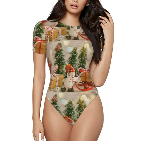 Gaeub Holiday Christmas Stars Women'S Short Sleeve One Piece Swimsuit Sexy High-Waisted Bodysuit For Swimming, Beach, Sports - Large