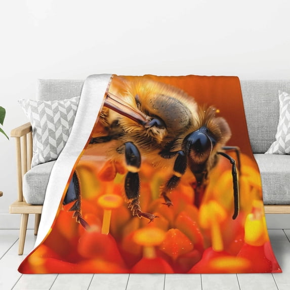 Gaeub Honeybee On Vibrant Flower Print Flannel Throw Blanket, Home Fleece Throw Blanket for Couch or Bed,Decorative Blankets,Lightweight Fuzzy Flannel Blanket-60"x50"
