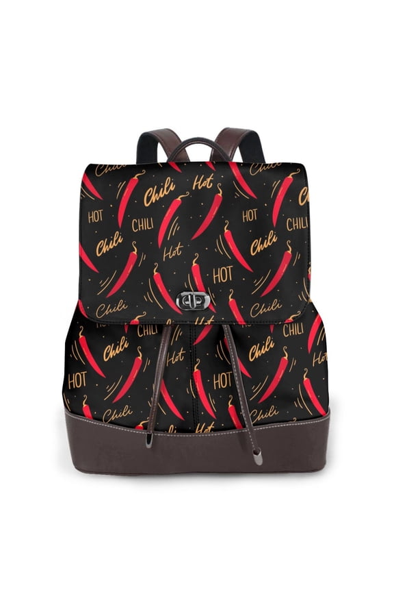 Hot Chili Print Women's Leather Backpack,Travel Laptop Backpack,Fashion Ladies Leather Backpack Bag for Travel,Leather Drawstring Daypack for Me