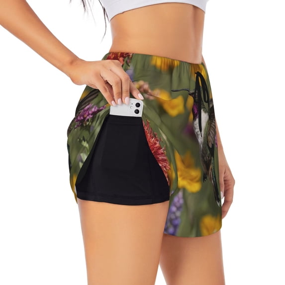 Gaeub Humming Bird Print Women's Athletic Shorts,High Waisted Running Shorts,Pocket Sporty Short,Gym Elastic Workout Shorts-Small