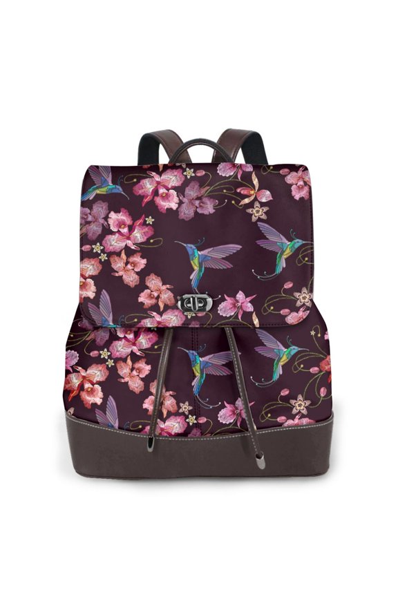 Humming Bird And Tropical Print Women's Leather Backpack,Travel Laptop Backpack,Fashion Ladies Leather Backpack Bag for Travel,Leather Drawstring Daypack for Me