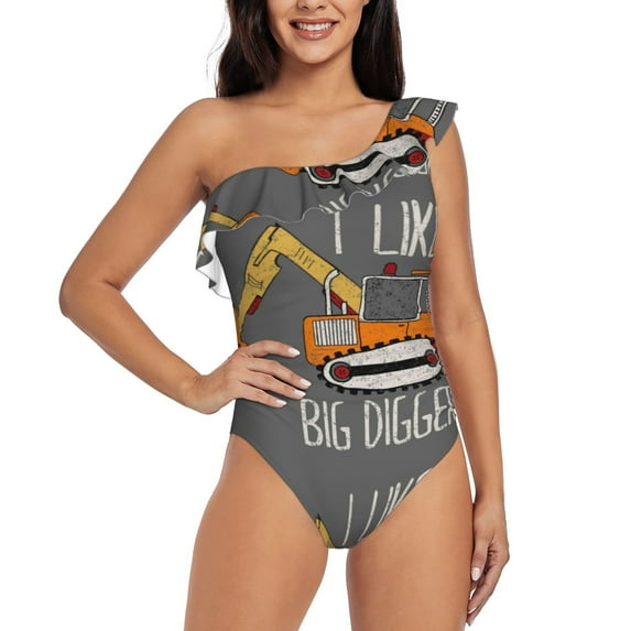 Gaeub I Like Big Digger Women's One Shoulder Ruffle Tummy Control Swimwear for Swimming Surfing Beach Party - X-Large