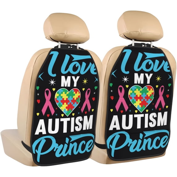 Gaeub I Love My Autism Print Anti-Kick Storage Mat for Car Seats 2 Pcs, Car Kick Mats with 3 Pocket Protector, Essential Car Seat Protector for Child Car Seat,Car Seat Protector