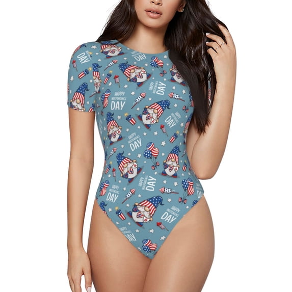 Gaeub Independence With Gnome Women'S Short Sleeve One Piece Swimsuit Sexy High-Waisted Bodysuit For Swimming, Beach, Sports - Small