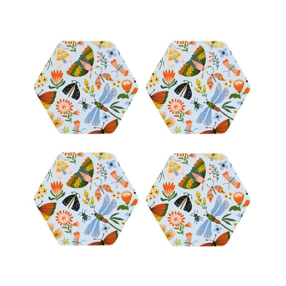 Gaeub Insects and Flowers Print 4 Pcs Leather Coasters for Drinks ,Drink Coasters Sets,Drink Table Cup Coasters for Living Room Kitchen Coffee Decor-Hexagon