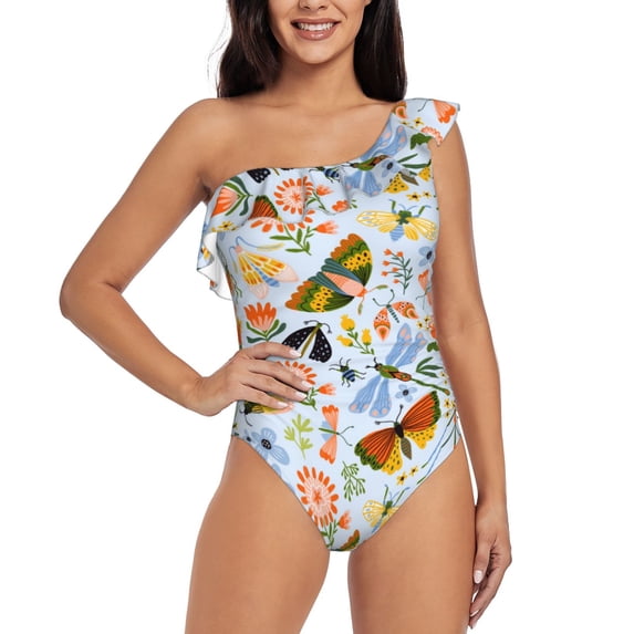 Gaeub Insects and Flowers Women's One Shoulder Ruffle Tummy Control Swimwear for Swimming Surfing Beach Party - Large