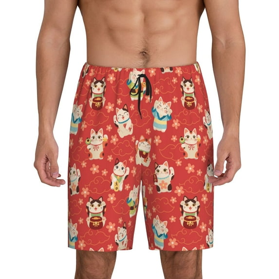 Gaeub Japanese Maneki Cats Printed Men's Short Pajama Pants, Lightweight Lounge & Sleep Bottoms Keep You Cool - X-Large