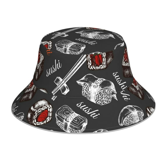 Gaeub Japanese Sushi Hashi Printed Double Sided Reflective Bucket Hat Foldable Sun Hat for Camping Hiking Fishing