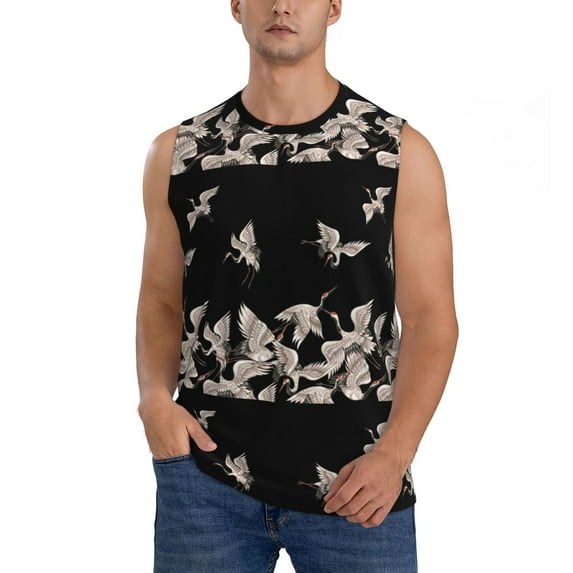 Gaeub Japanese White Crane Men's Sleeveless Muscle Shirts Workout Tank Tops, Odor Protection and Comfortable - X-Large