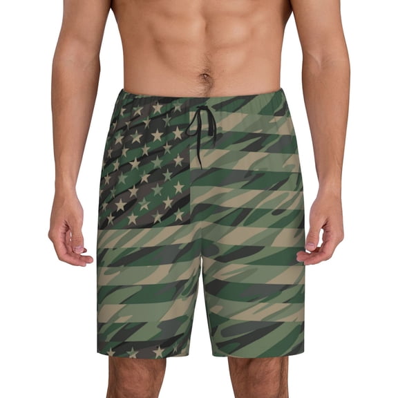 Gaeub Jungle Green Camo USA Flag Print Men's Short Pajama Pants, Sleep Shorts, Household Pants, Casual Pants with Pockets-Medium