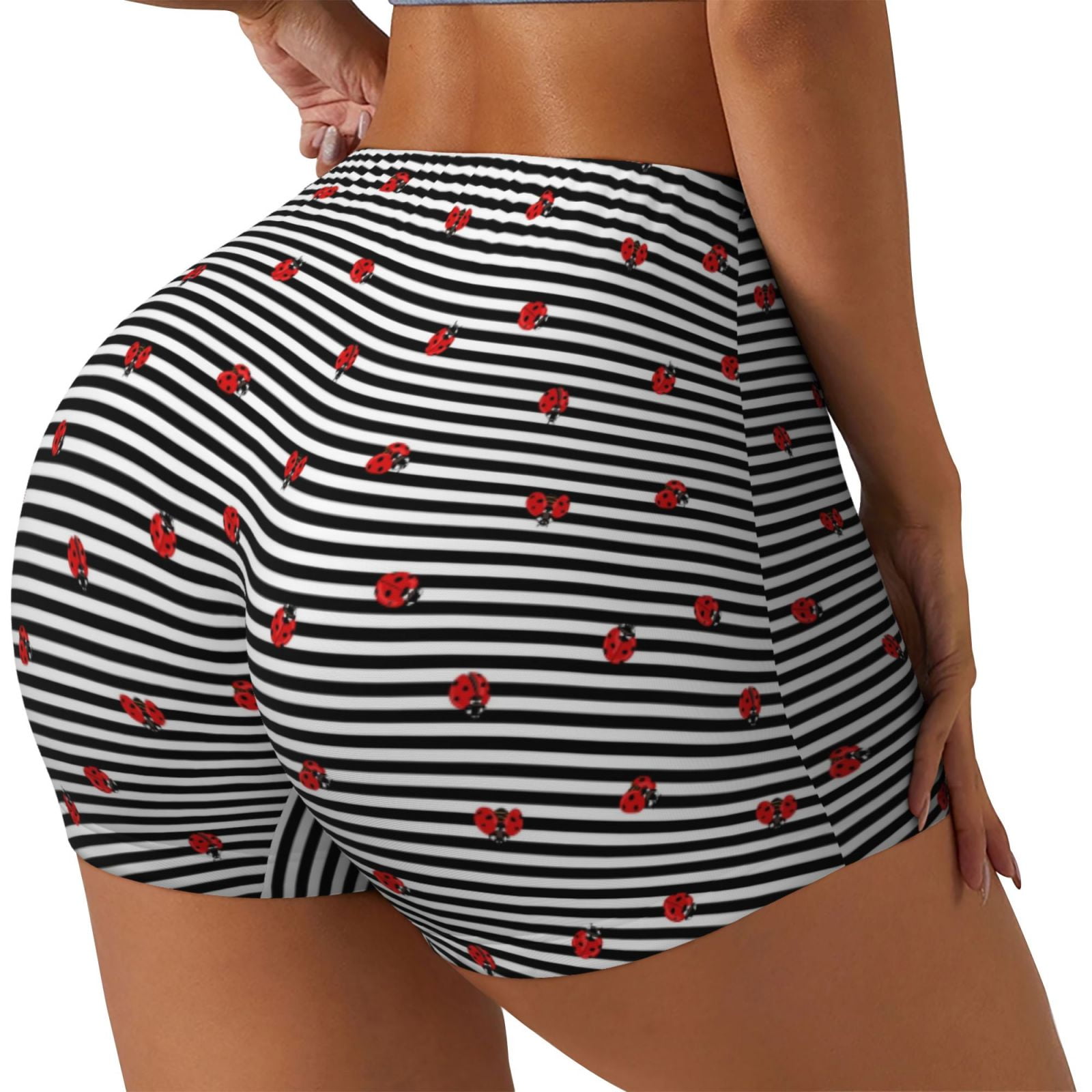Gaeub Ladybugs on Black and White Striped Print Workout Shorts for