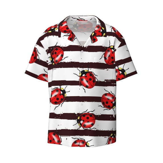 Gaeub Ladybugs on Black and White Striped1 Men's Lapel Short Sleeve Shirt, Relaxed Fit Shirt, Soft and Breathable for Outdoors Party Travel - XX-Large