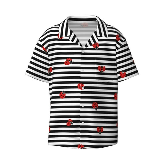 Gaeub Ladybugs on Black and White Striped Men's Lapel Short Sleeve Shirt, Relaxed Fit Shirt, Soft and Breathable for Outdoors Party Travel - 4X-Large