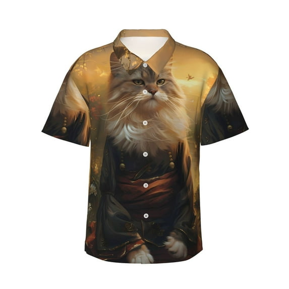 Gaeub Lakeside Flower Field Cat Print Men's Hawaiian Shirt,Button Down Short Sleeves Shirts,Tropical Beach Casual Button Down Shirts,XX-Large