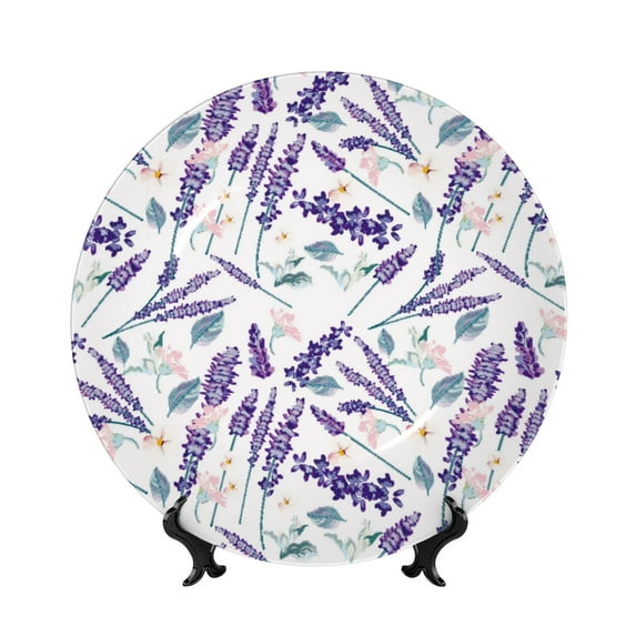 Gaeub Lavender Flowers Print Ceramic Plate,Dinner Plates,Bone China Decorative Plates with Display Stand,Art Ceramic Ornaments for Wall Hanging Decoration-6in