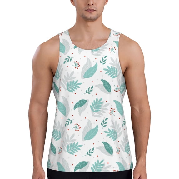 Gaeub Leaf Print Green Men's Athletic Tank Top, Workout Sleeveless Shirts, Running Tank Tops for Gym, Running, Training - Large