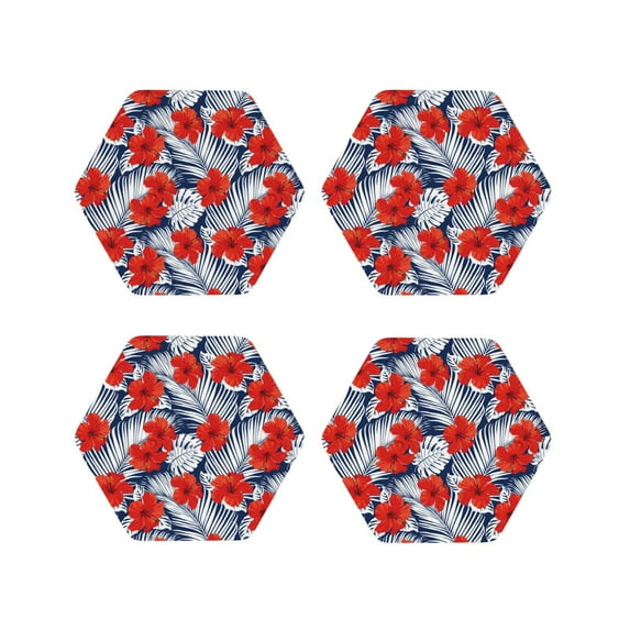 Gaeub Leaves And Flowers Print 4 Pcs Leather Coasters for Drinks ,Drink Coasters Sets,Drink Table Cup Coasters for Living Room Kitchen Coffee Decor-Hexagon