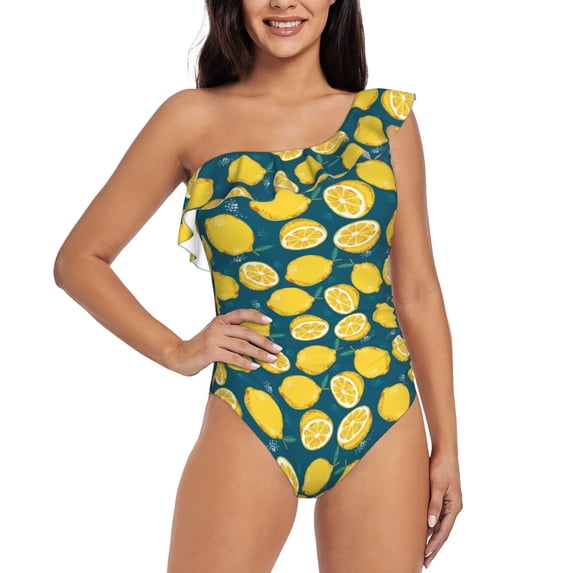 Gaeub Lemon Women's One Shoulder Ruffle Tummy Control Swimwear for Swimming Surfing Beach Party - X-Large
