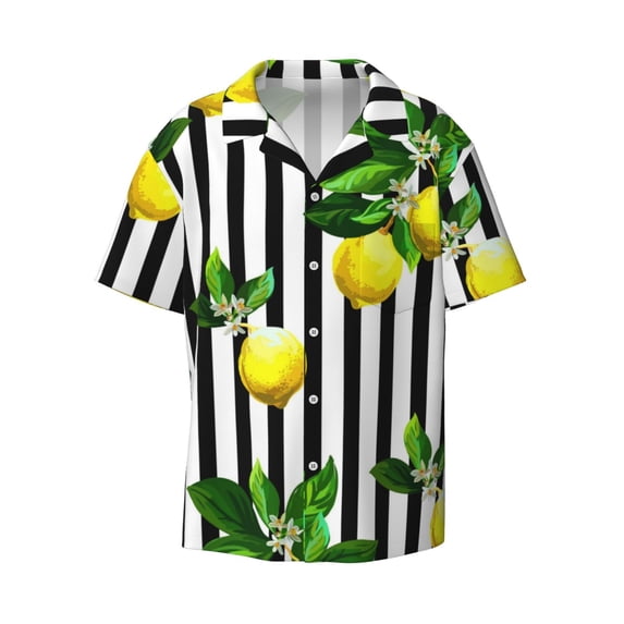 Gaeub Lemons on Striped Men's Lapel Short Sleeve Shirt, Relaxed Fit Shirt, Soft and Breathable for Outdoors Party Travel - Small