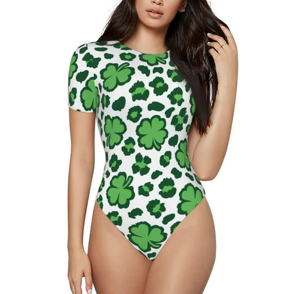 Gaeub Leopard Print St. Patrick'S Day Women'S Short Sleeve One Piece Swimsuit Sexy High-Waisted Bodysuit For Swimming, Beach, Sports - Small