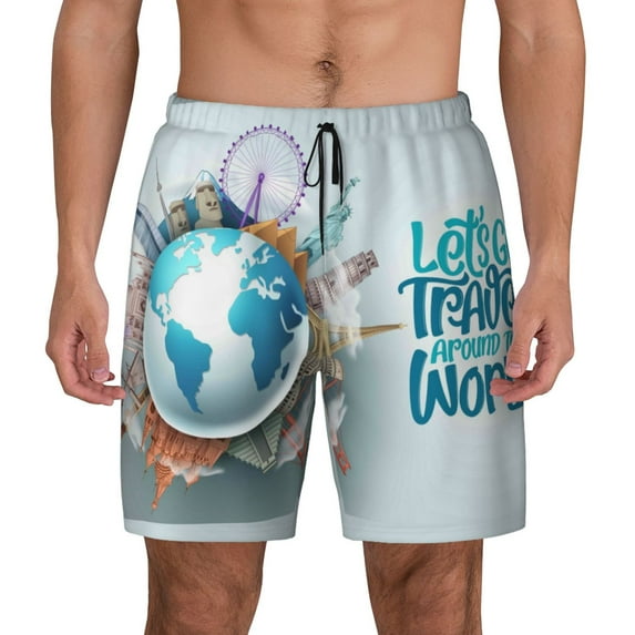 Gaeub Let's go Travel Mens Swim Trunks Stretch Beach Shorts Quick Dry for Men Swim Shorts Swimwear with Pockets- Large