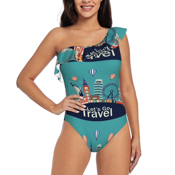 Gaeub Let's go Travel Women's One Shoulder Ruffle Tummy Control Swimwear for Swimming Surfing Beach Party - X-Large