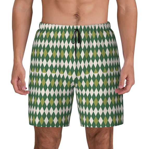Gaeub Light Green Squares Mens Swim Trunks Stretch Beach Shorts Quick Dry for Men Swim Shorts Swimwear with Pockets- Medium