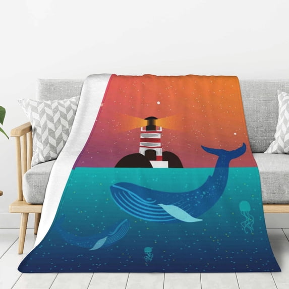 Gaeub Lighthouse and Whale Print Flannel Throw Blanket, Home Fleece Throw Blanket for Couch or Bed,Decorative Blankets,Lightweight Fuzzy Flannel Blanket-80"x60"