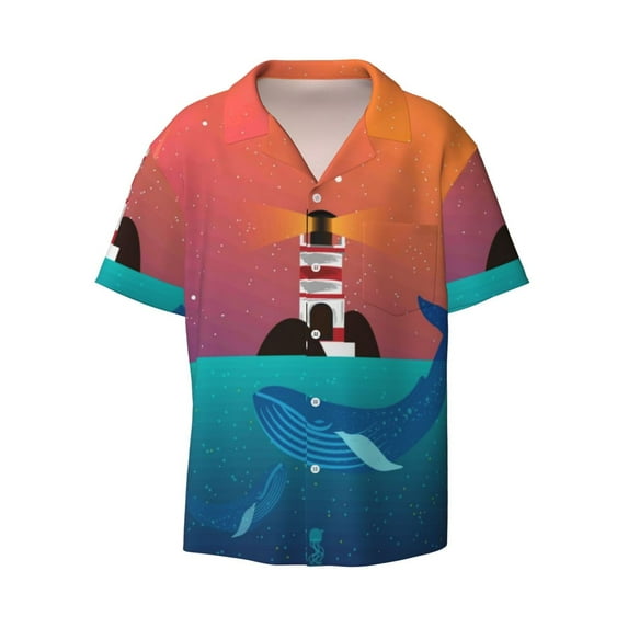 Gaeub Lighthouse and Whale Men's Lapel Short Sleeve Shirt, Relaxed Fit Shirt, Soft and Breathable for Outdoors Party Travel - Small