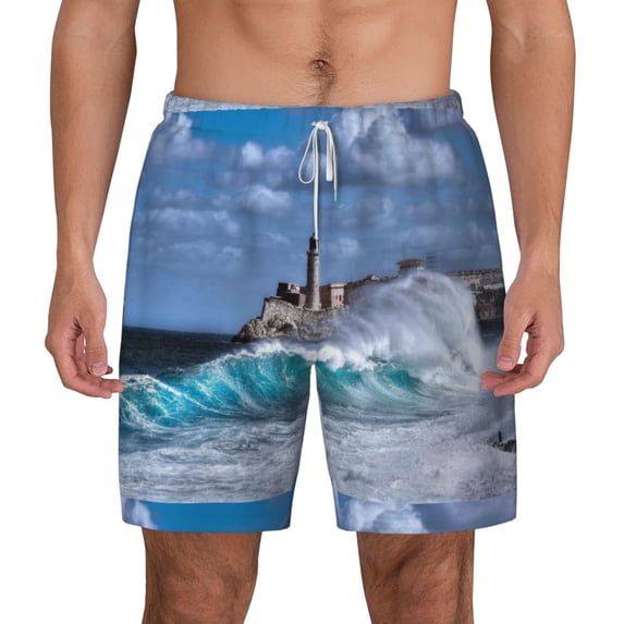 Gaeub Lighthouse in Havana Mens Swim Trunks Stretch Beach Shorts Quick Dry for Men Swim Shorts Swimwear with Pockets- XX-Large