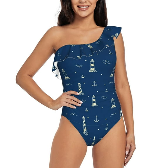 Gaeub Lighthouses and Anchors Women's One Shoulder Ruffle Tummy Control Swimwear for Swimming Surfing Beach Party - X-Large