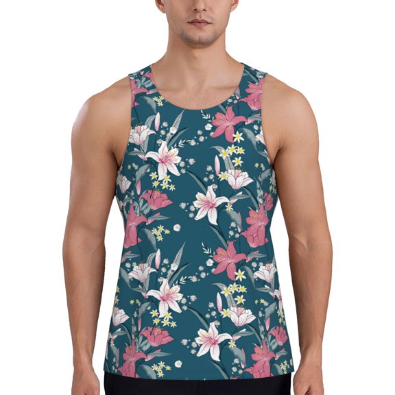 Gaeub Lilies Flowers Men's Athletic Tank Top, Workout Sleeveless Shirts, Running Tank Tops for Gym, Running, Training - Small