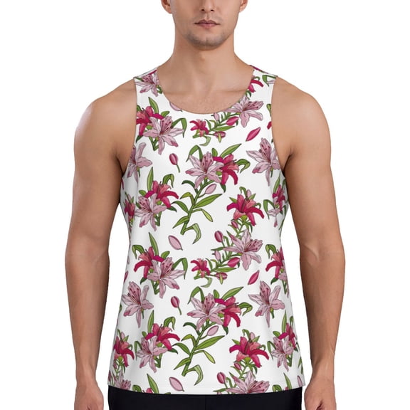 Gaeub Lilies Flowers Men's Athletic Tank Top, Workout Sleeveless Shirts, Running Tank Tops for Gym, Running, Training - X-Large