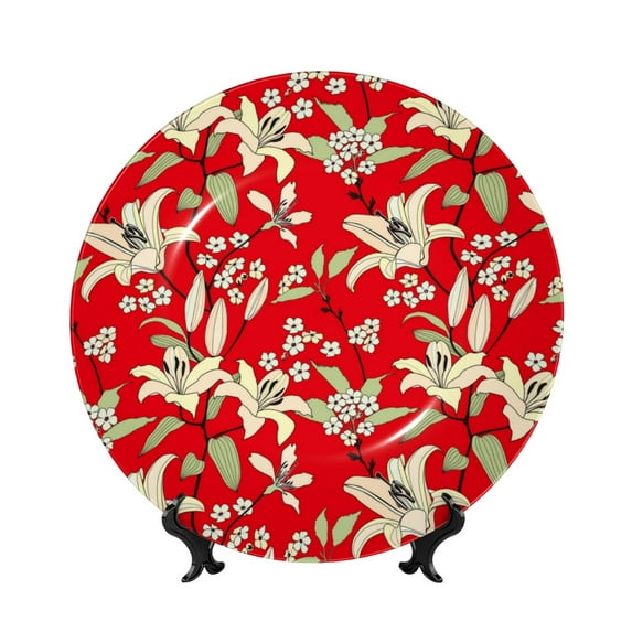 Gaeub Lilies Flowers Print Ceramic Plate,Dinner Plates,Bone China Decorative Plates with Display Stand,Art Ceramic Ornaments for Wall Hanging Decoration-8in