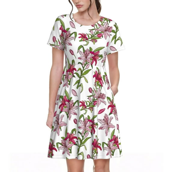 Gaeub Lilies Flowers Print Womens Dresses,Casual Short Sleeve Tunic,Summer Midi Dress for Women,Women's Short sleeve Dress